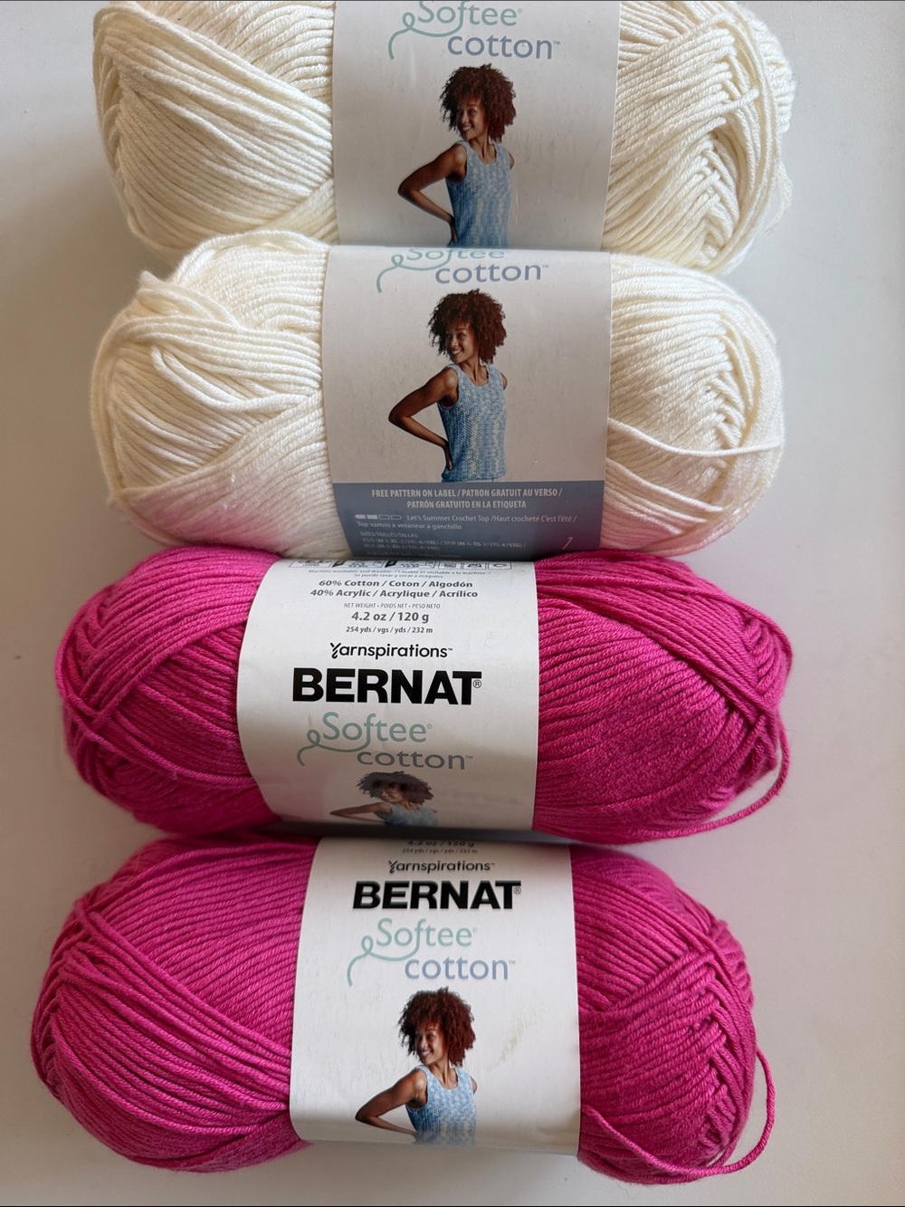 Bernat Softee Cotton 
Size:4.2 oz each
Color: 2- fuchsia,2- cotton
